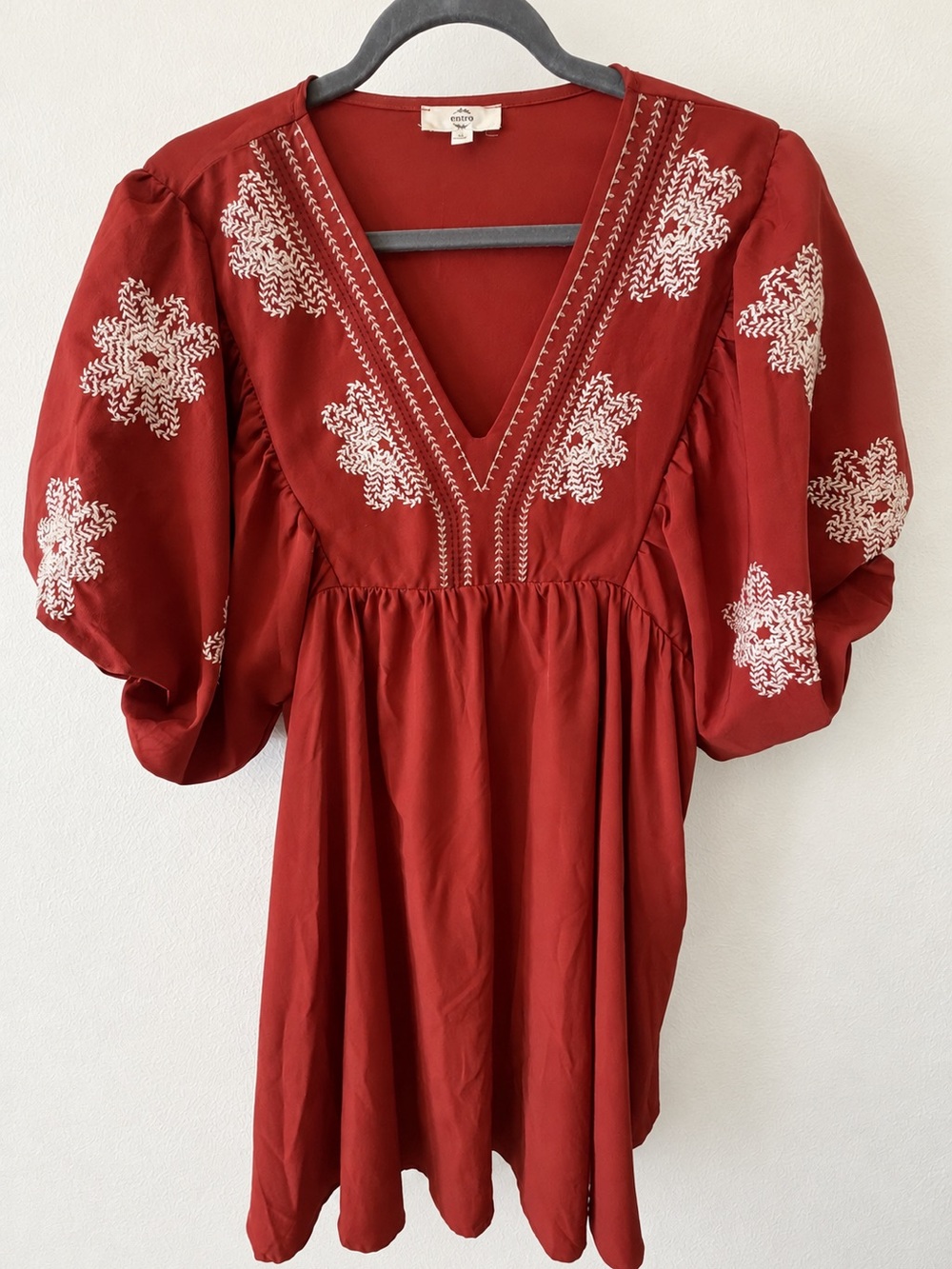Entro Embroidered V-Neck Puff Sleeve Baby Doll Dress